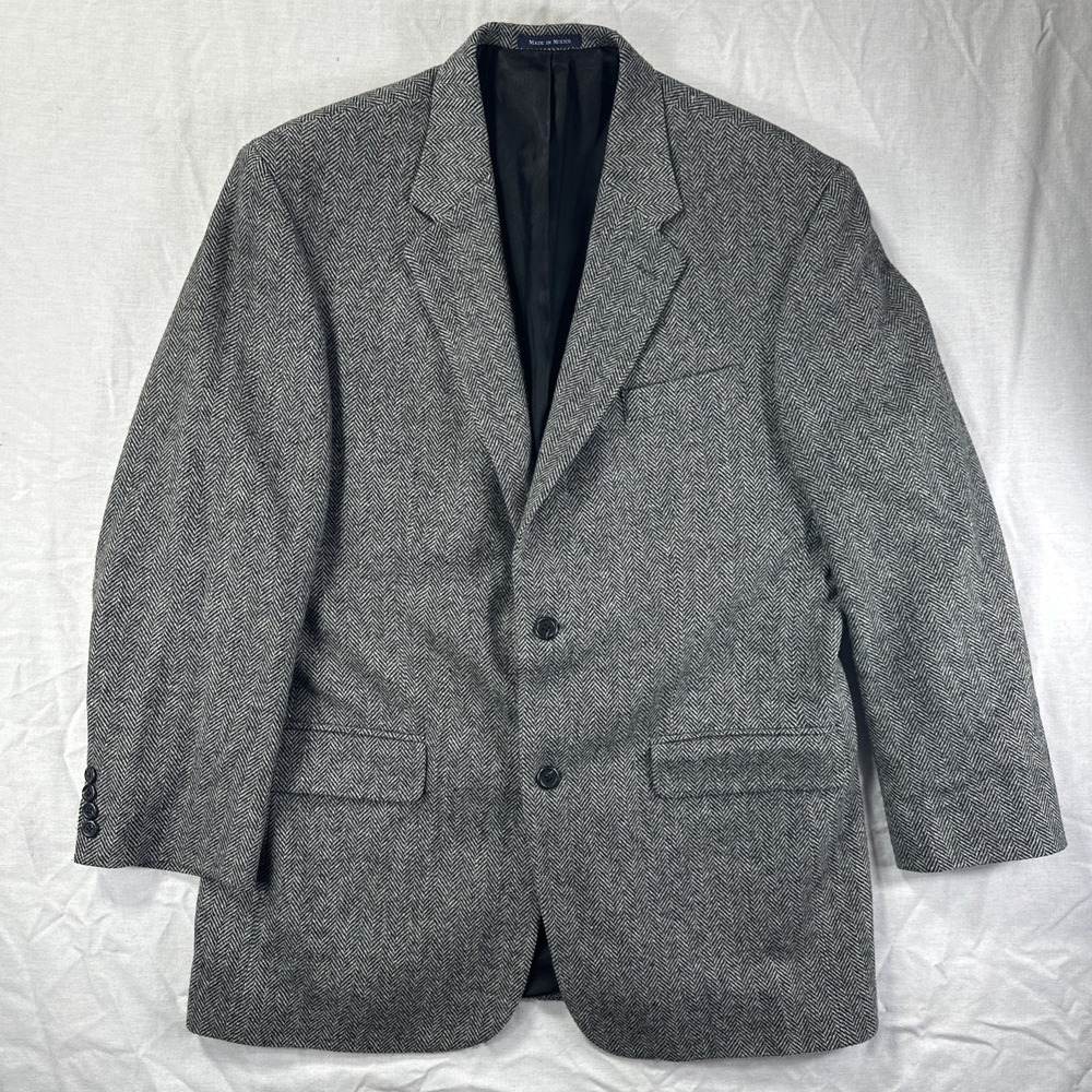 LANDS‎ END Lambswool Blazer Mens 43L Herringbone Tweed Sport Coat 2 Button Lined